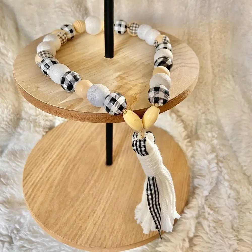 NEW Wood Bead Garland with Plaid Tassels